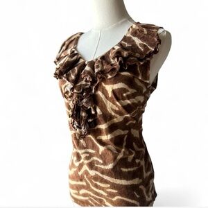 Y2K Vtg Ralph Lauren Brown Cotton Zebra Print Ruffle Sleeveless Top Size Large
